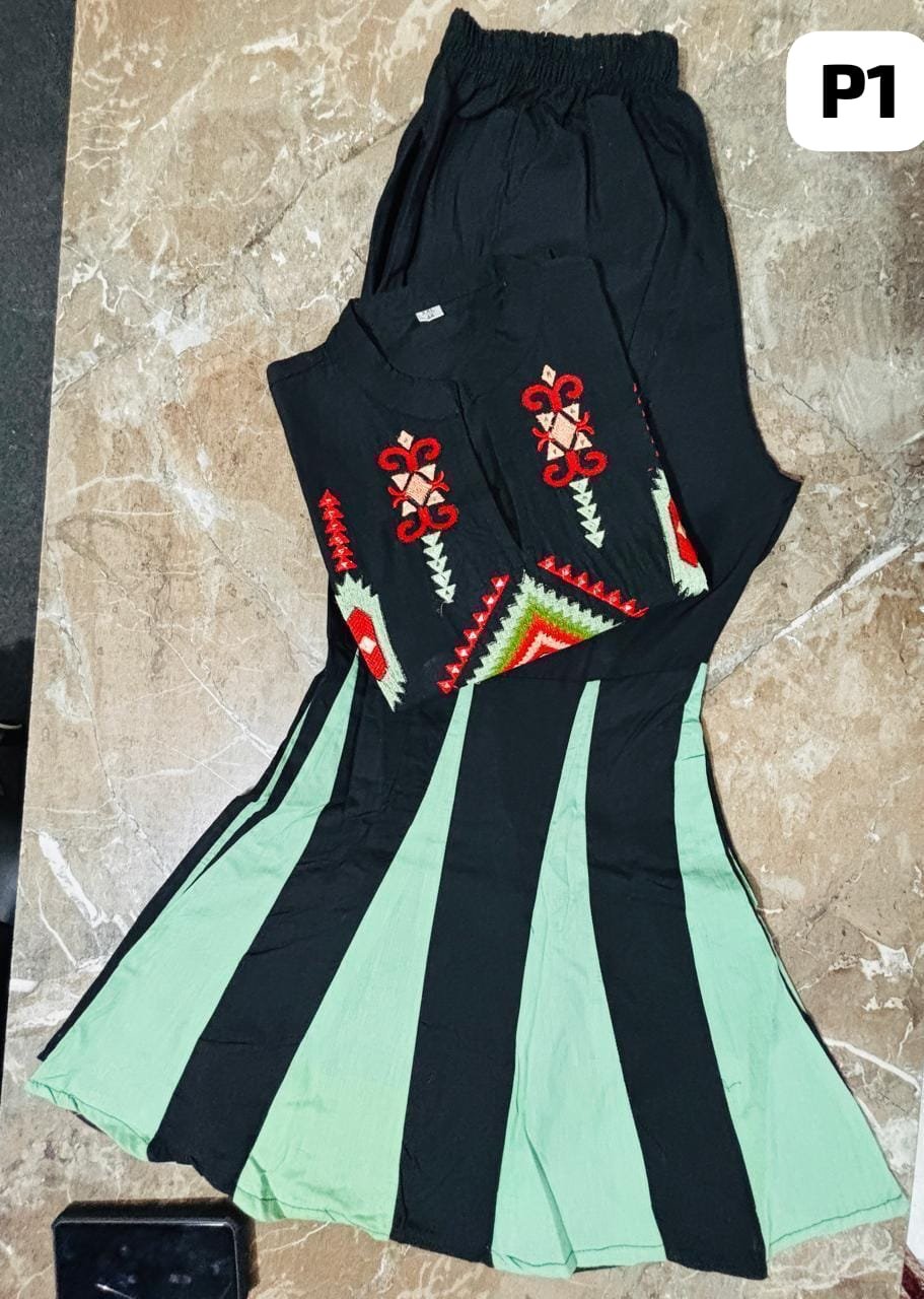 Black Cotton Embroidered Kurti Sharara Cord Set